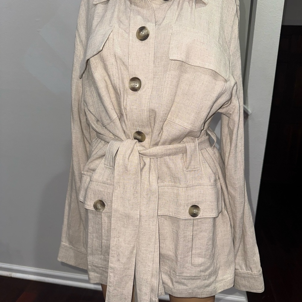 H&M Cream Linen Tie-Waist Utility Jacket Size M